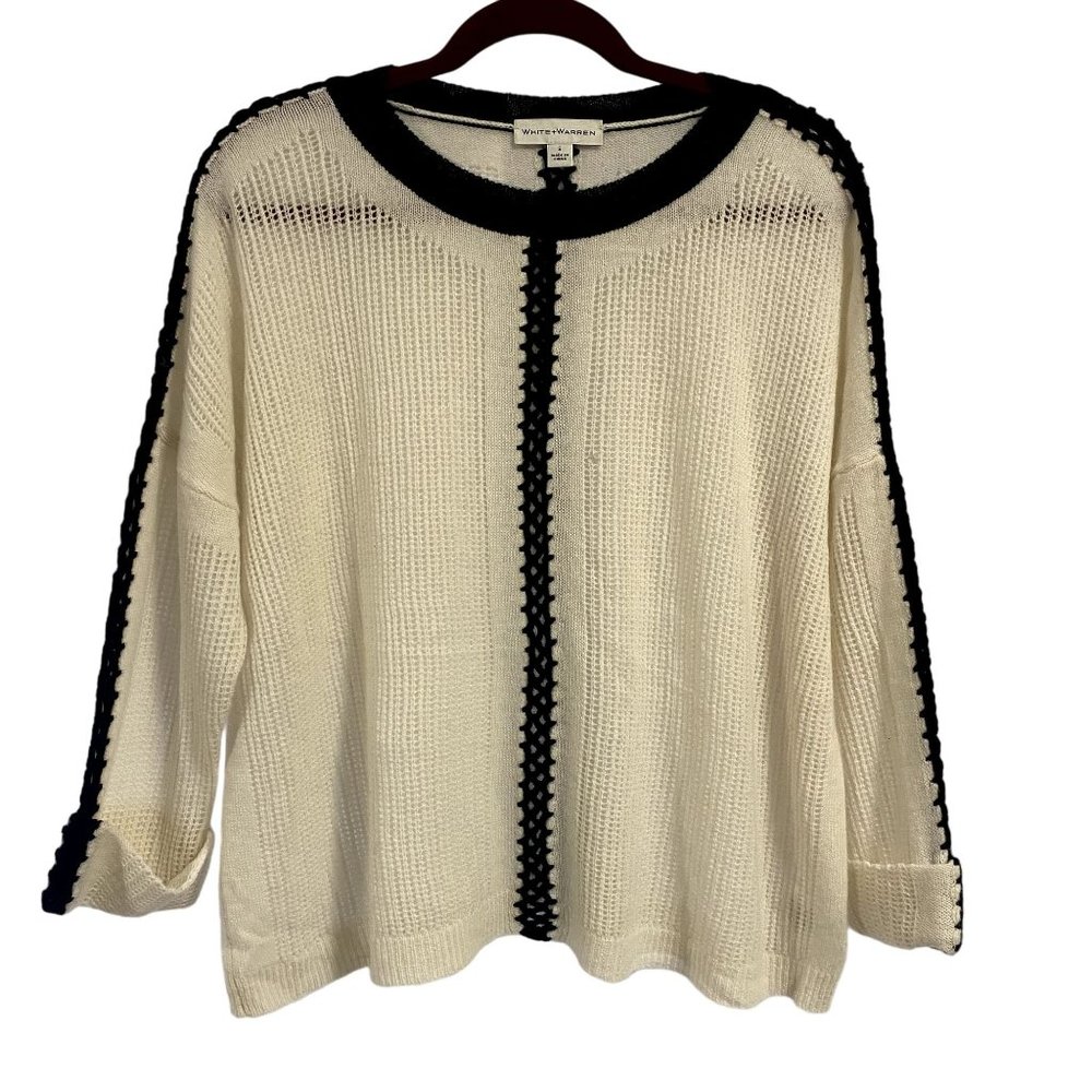 White + Warren 100% Cashmere Open Knit Black White‎ Pullover Sweater Size S